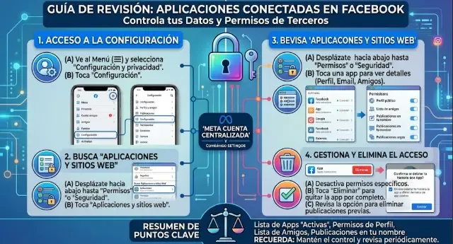 Persona revisando la lista de aplicaciones conectadas a su cuenta de Facebook en el panel de configuración, mostrando las apps con acceso activo