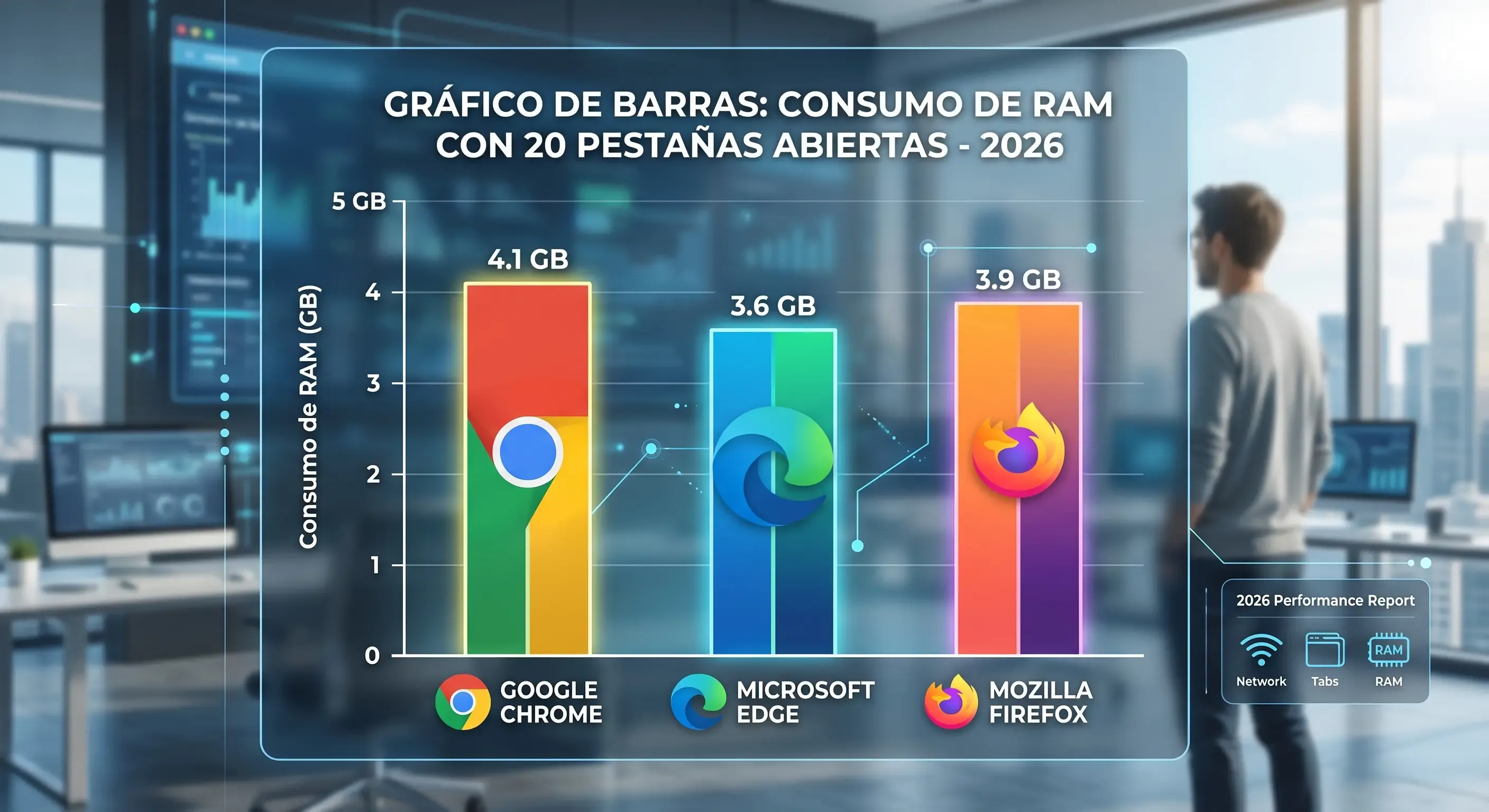 Gráfico de barras que muestra el consumo de RAM de Chrome, Edge y Firefox con 20 pestañas abiertas en 2026