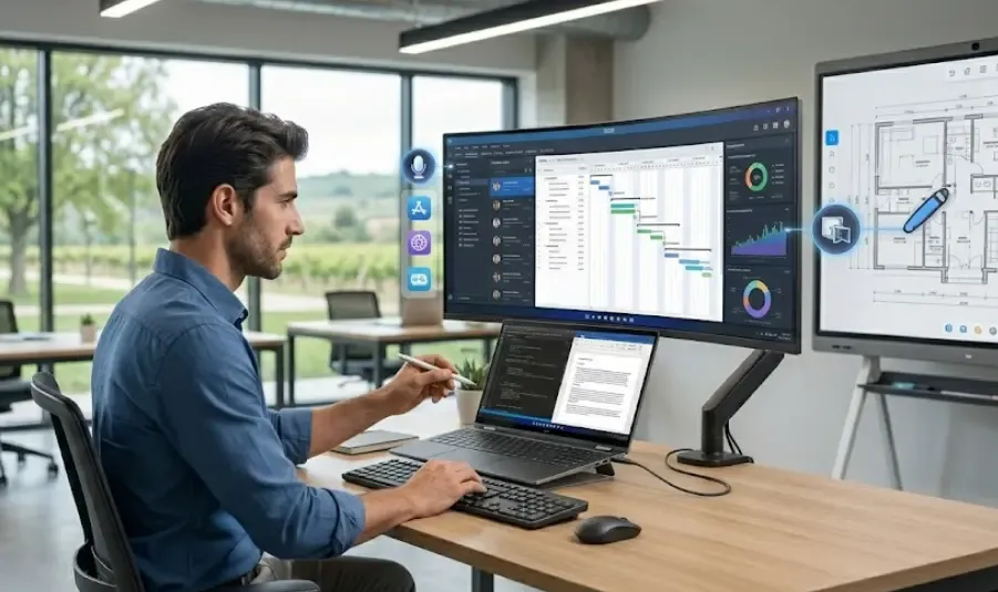 Estación de trabajo con portátil y monitor externo: productividad real en 2026
