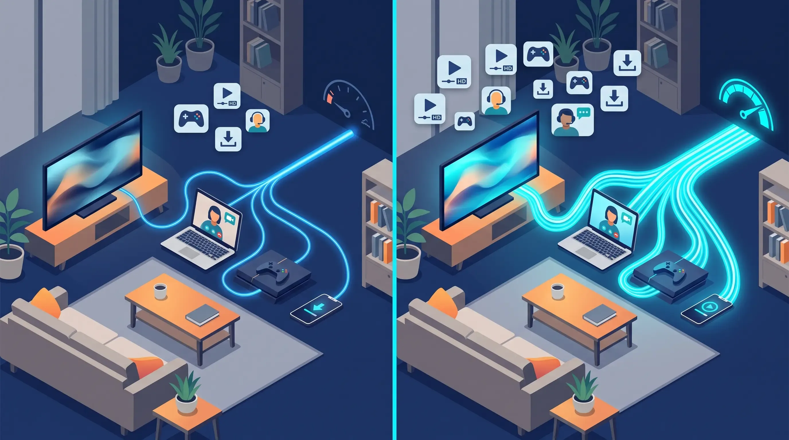 Gráfico comparativo: velocidad real de 300 Mbps vs 1 Gbps en dispositivos domésticos (2026)