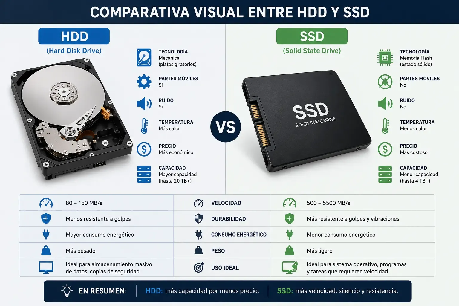 Comparativa visual entre HDD y SSD