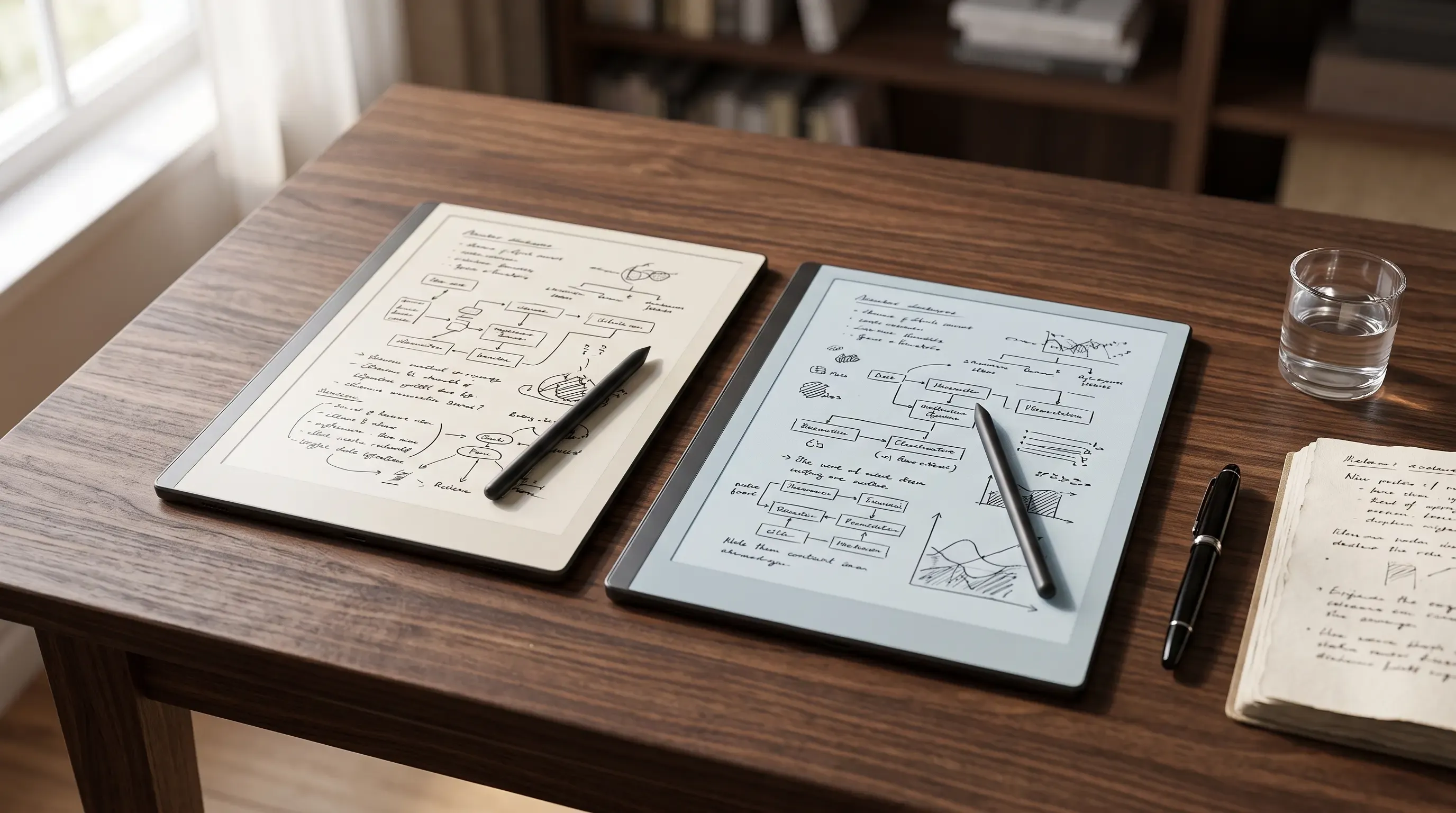 Kindle Scribe junto a Kobo Elipsa 2E mostrando sus lápices para tomar notas