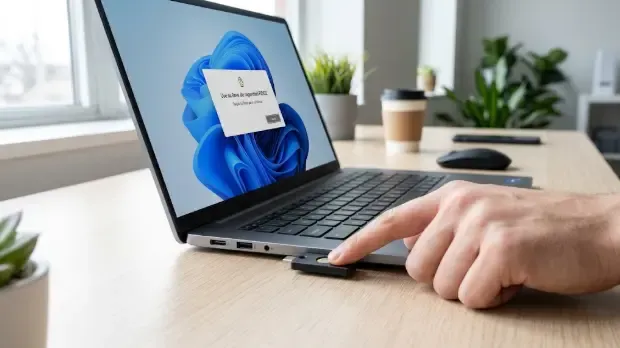Llave de seguridad física FIDO2 conectada a un puerto USB de un portátil, mostrando su uso como segundo factor de autenticación