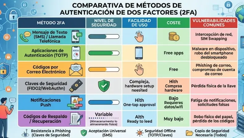 Comparativa visual de métodos de autenticación en dos factores: SMS, app autenticador y llave física YubiKey