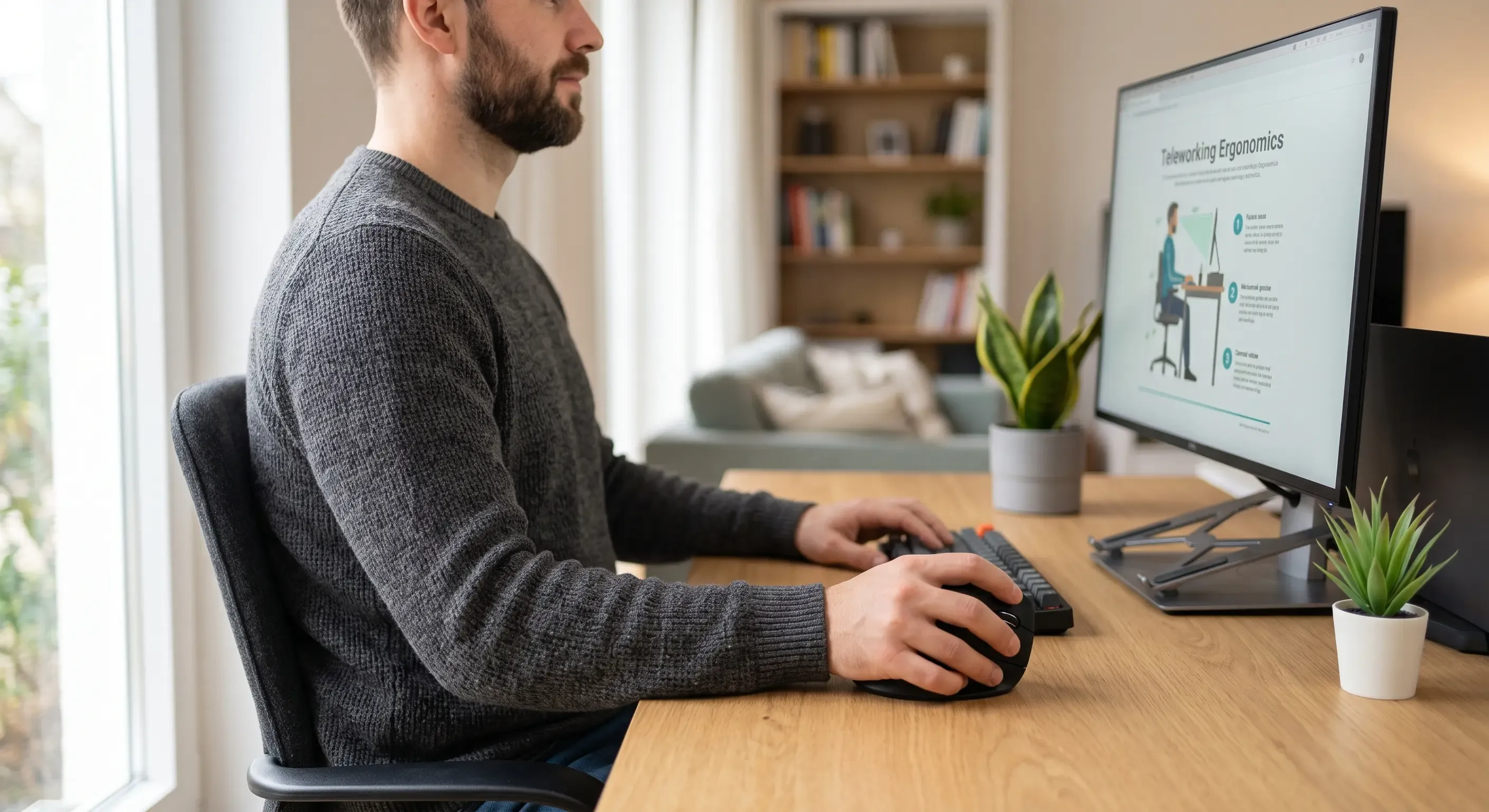 Persona usando un ratón vertical en un escritorio ergonómico, con el codo en ángulo recto y el hombro relajado