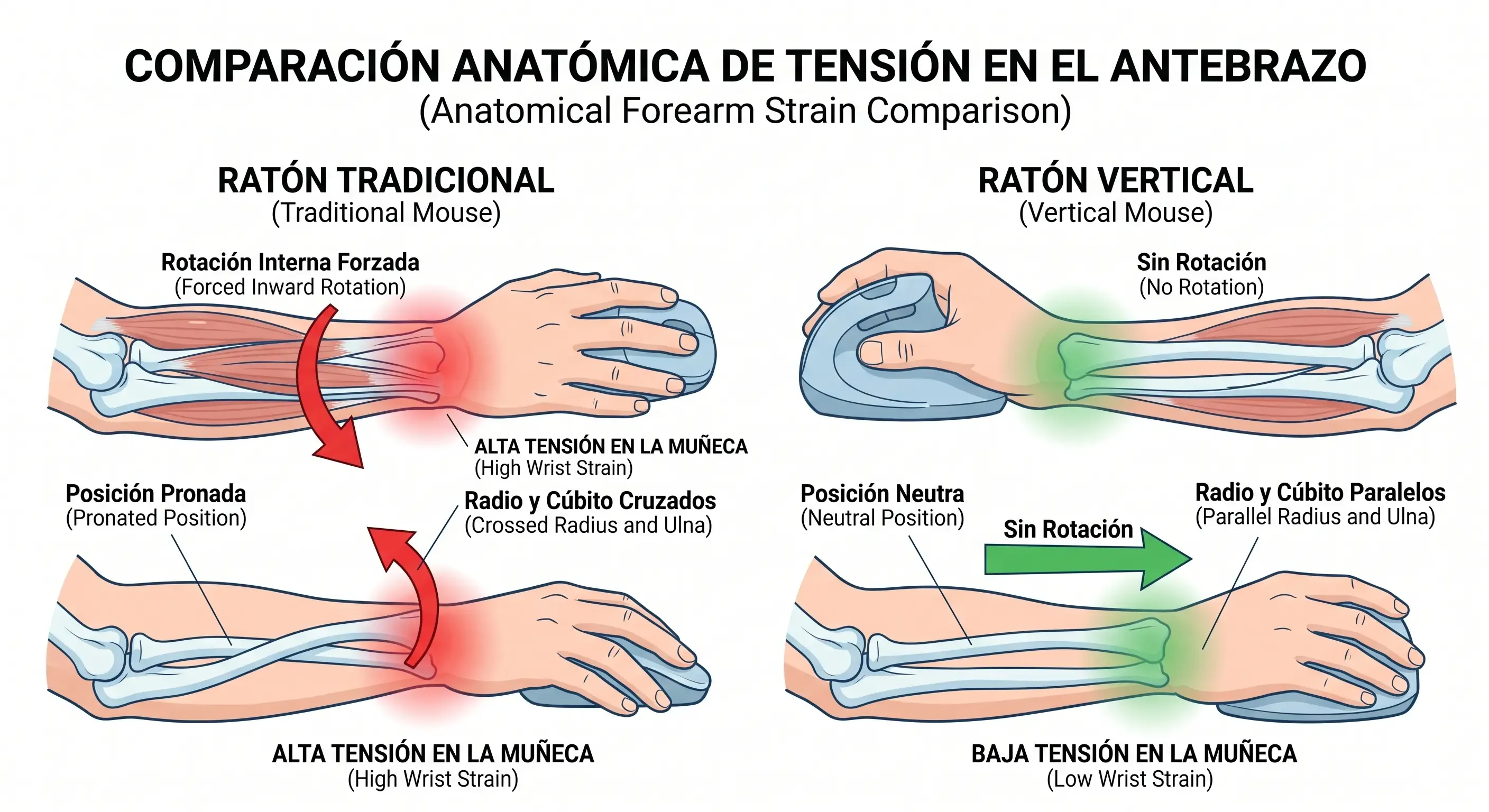 Comparación de la postura de la mano y el antebrazo con un ratón tradicional (pronación) y un ratón vertical (posición neutra)