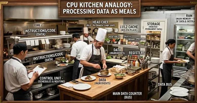 Esquema visual que muestra un procesador CPU comparado con una cocina profesional moderna con varios chefs trabajando