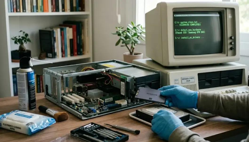 Ordenador viejo siendo actualizado con SSD y limpieza de sistema