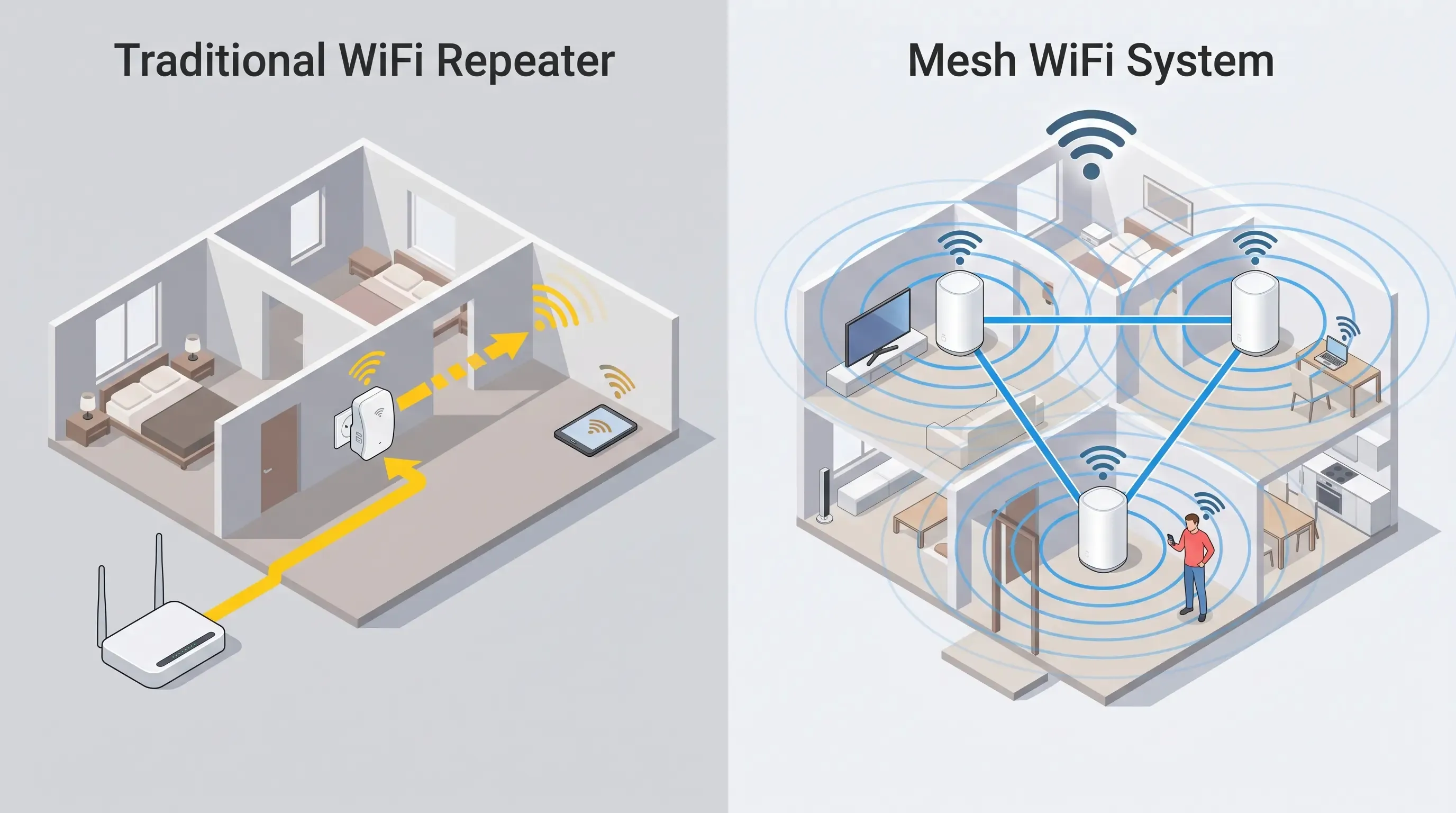 Comparativa visual entre repetidor WiFi y red mesh en una casa: el repetidor amplifica una señal existente mientras el mesh coordina varios puntos de acceso