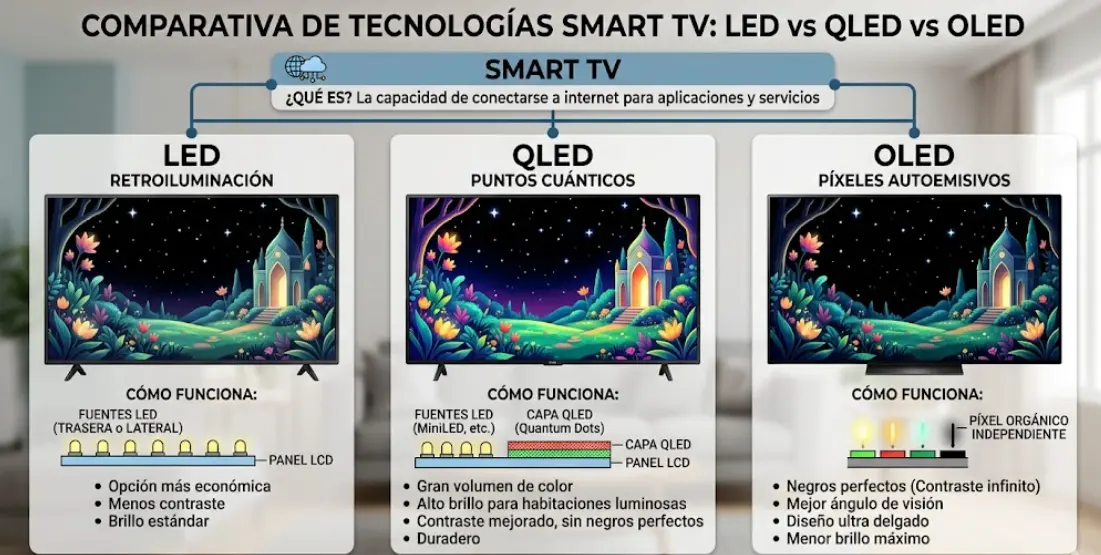 Smart TV: ¿LED, OLED o QLED? Diferencias fáciles de entender (2026)