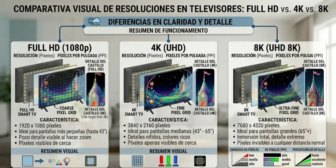 Diferencias visuales entre resoluciones Full HD, 4K y 8K en televisores