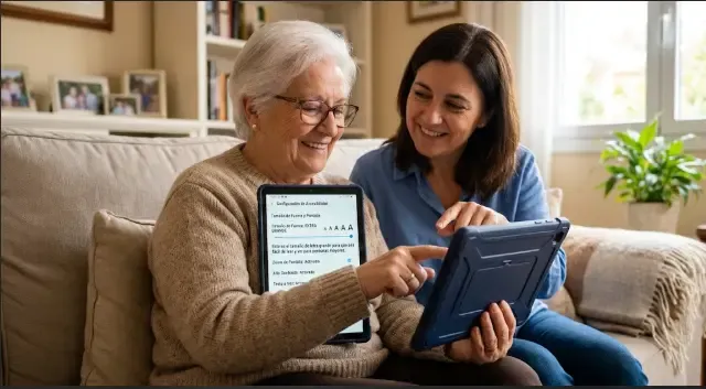 Configuración de tablet para personas mayores: ajustes de accesibilidad y tamaño de letra.