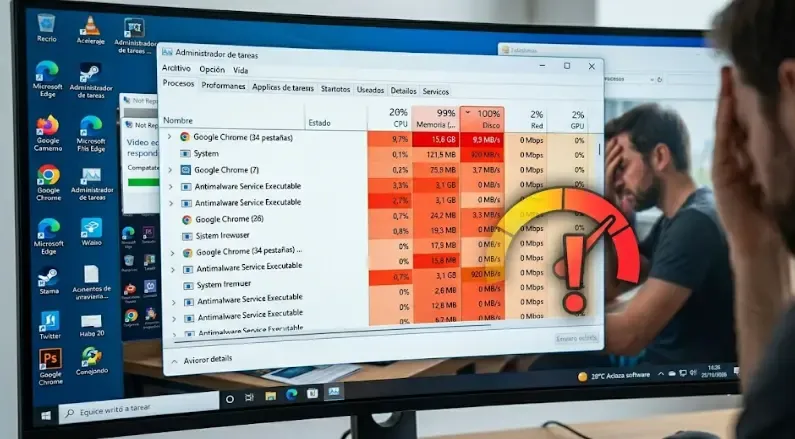 Administrador de tareas de Windows 11 mostrando disco al 100% y RAM al 92%