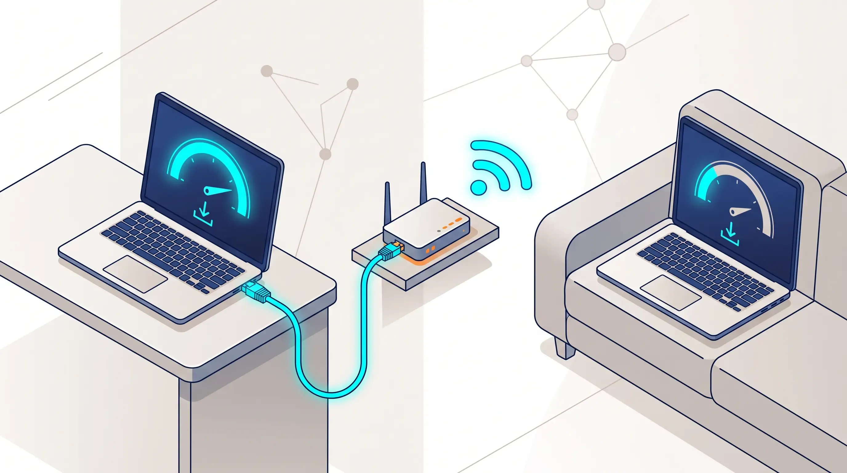 Test de velocidad de fibra comparando resultado por cable y por Wi-Fi (2026)