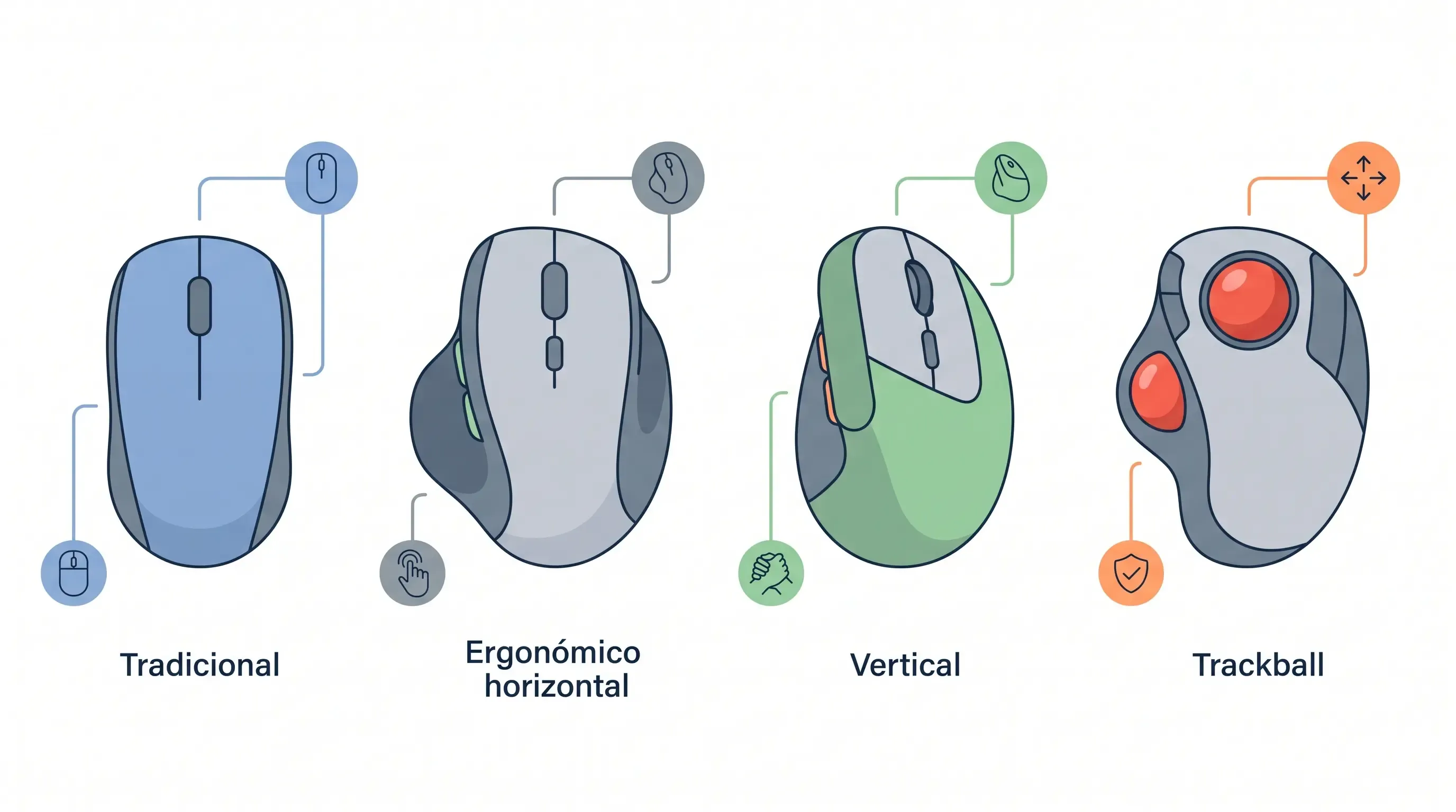 Diferentes tipos de ratones: tradicional, ergonómico horizontal, vertical y trackball
